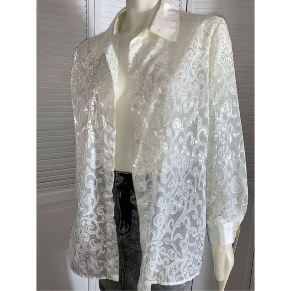 NWT Vintage Cream Sheer Satin Lace Oversized Button Down Blouse XL - Picture 4 of 10